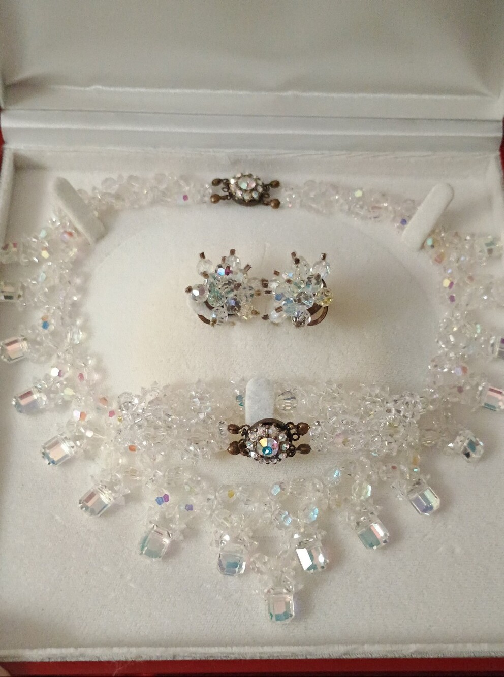 Vintage Giuliano  Fratti Crystal Aurora White Necklace , Braceletand Earring Set